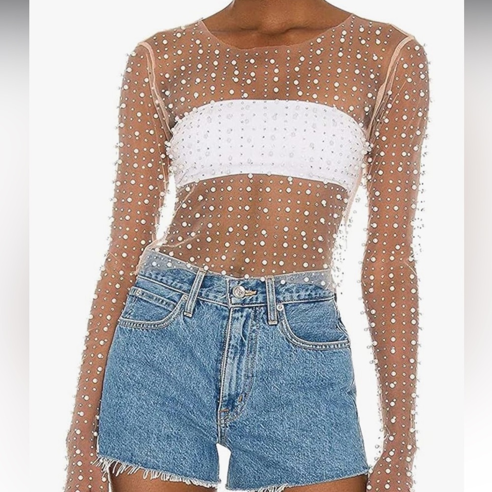 Sheer Pearl Embellished Long Sleeve Top